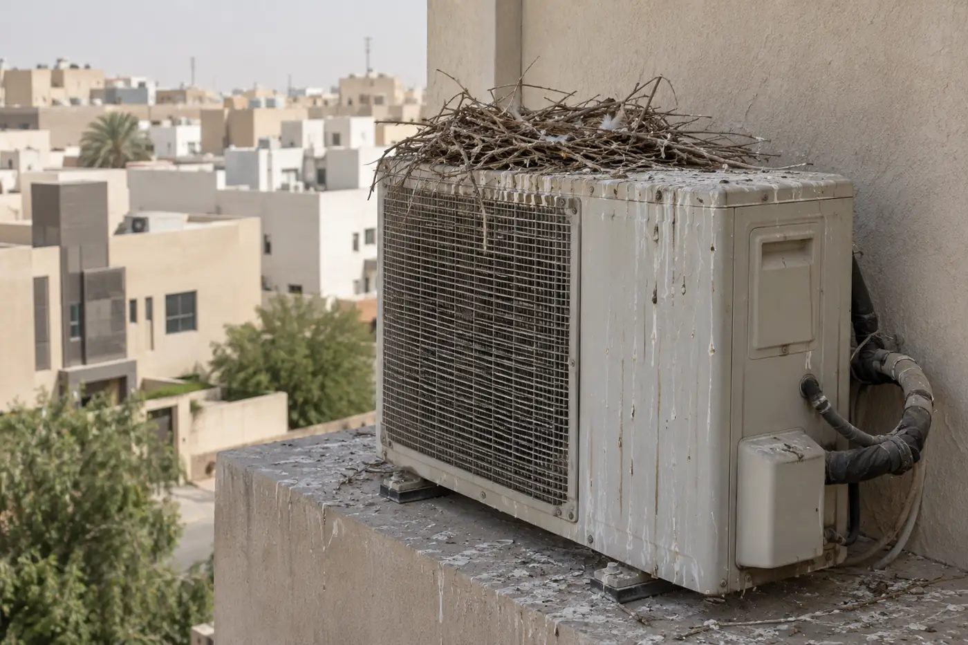 وحدة مكيف خارجية على حافة عمارة فوقها عش حمام من الأعواد وفضلات بيضاء